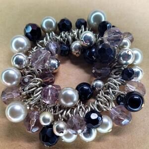 Black and Silver Tone Faceted Bead Stretch Chain Cluster Bracelet